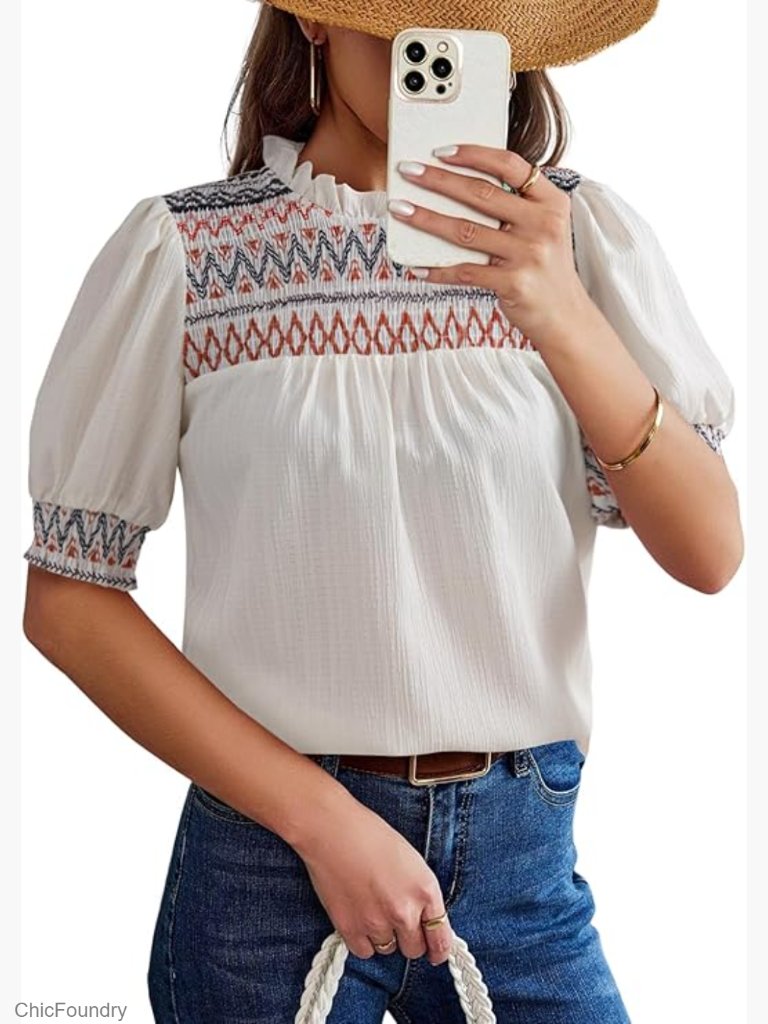 Boho Embroidered Blouse With Puff Sleeves, Loose Fit Tunic Top